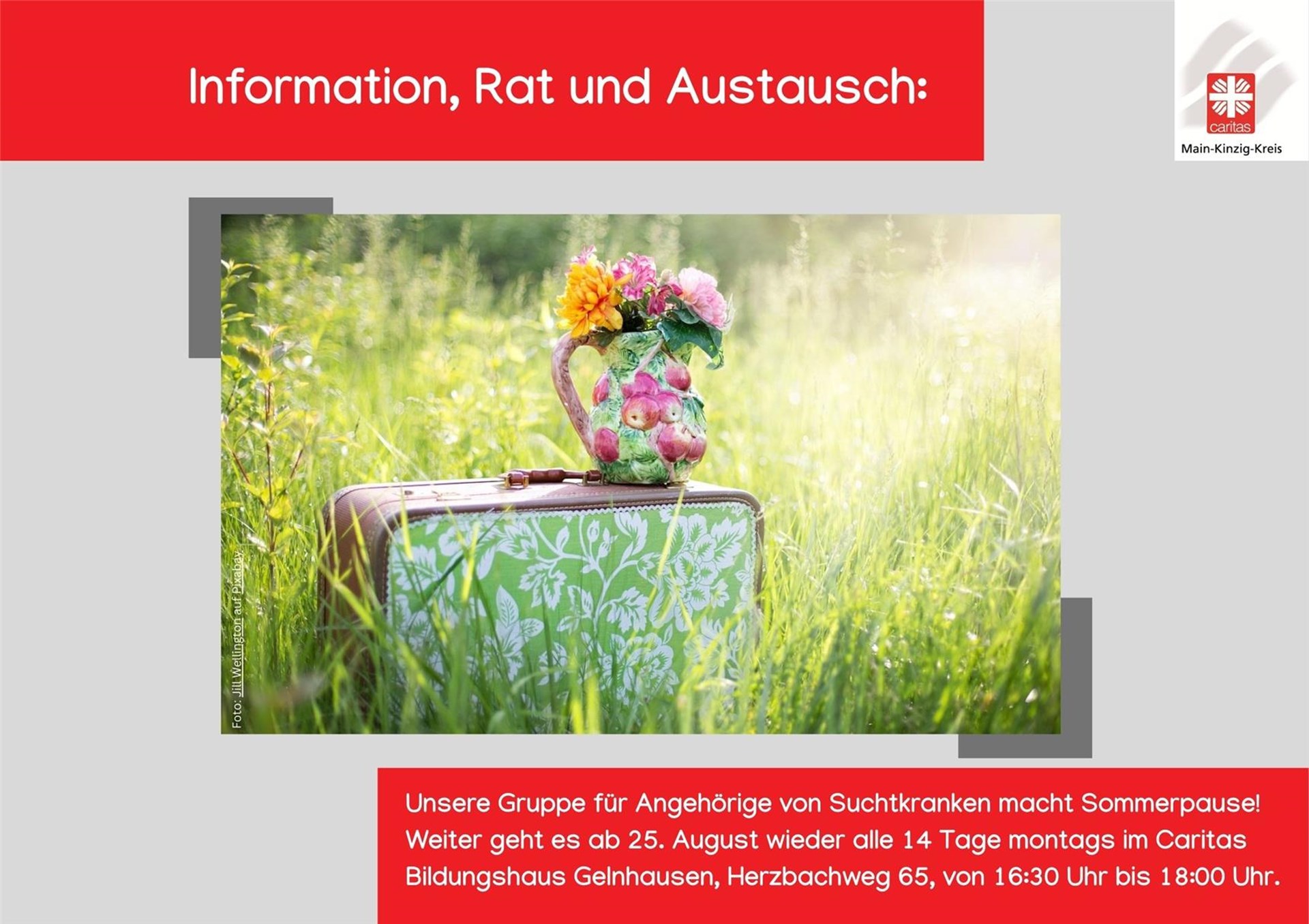 Ein Koffer auf einer Wiese im Sonnenschein als Symbol für die Sommerferien der Angehörigengruppe. 